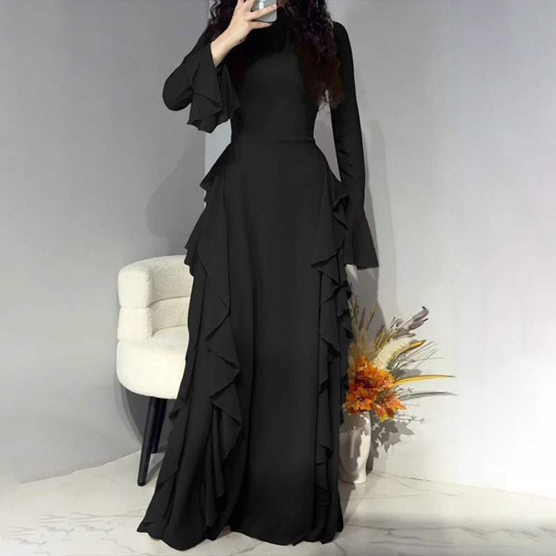 Women's Elegant Ruffles Dress, Slim Fit High Waist Bell Sleeve Wedding Guest Cocktail Tea Party Dresses