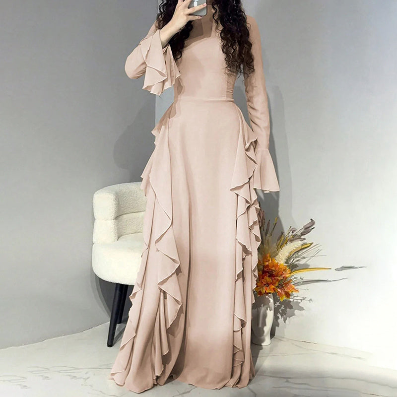 Women's Elegant Ruffles Dress, Slim Fit High Waist Bell Sleeve Wedding Guest Cocktail Tea Party Dresses