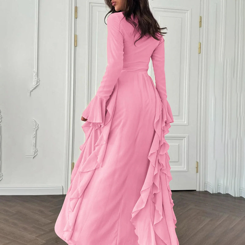 Women's Elegant Ruffles Dress, Slim Fit High Waist Bell Sleeve Wedding Guest Cocktail Tea Party Dresses