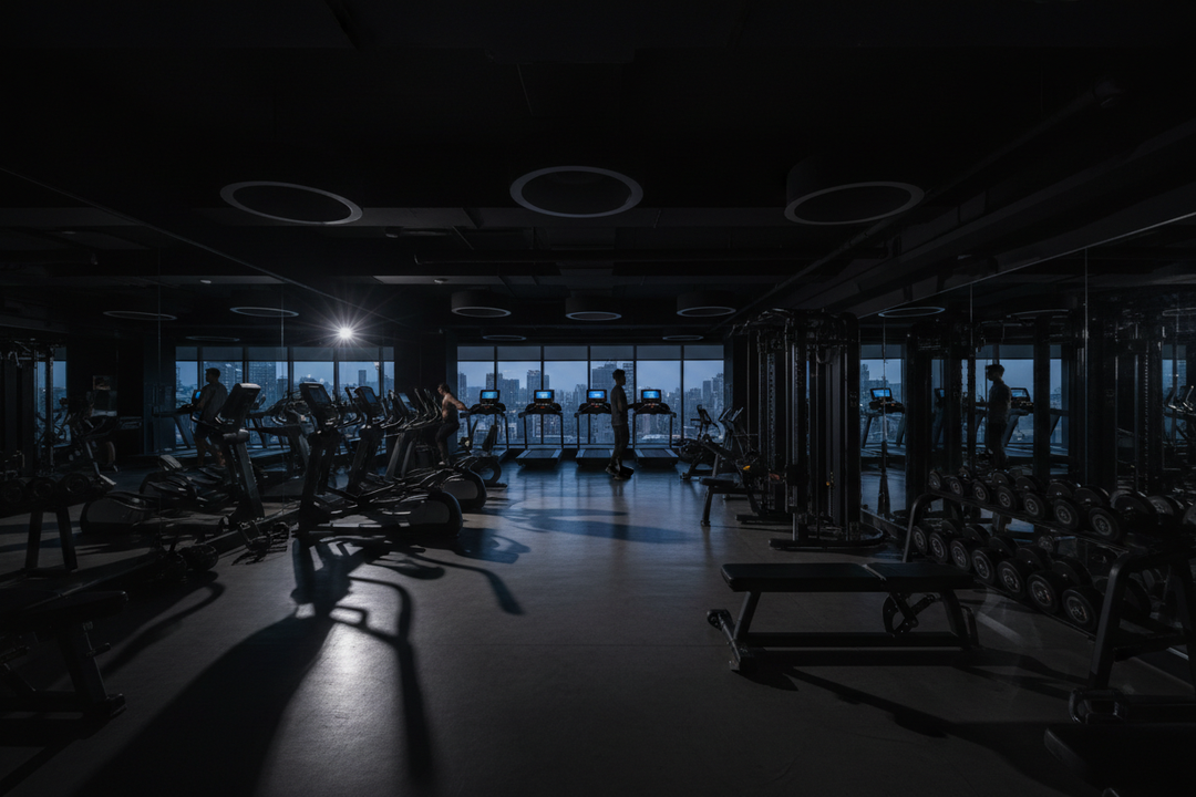 Fitness lifestyle premium background photo -- luxury gym interior, dark aesthetic, moody lighting, modern equipment, cinematic look, 4k