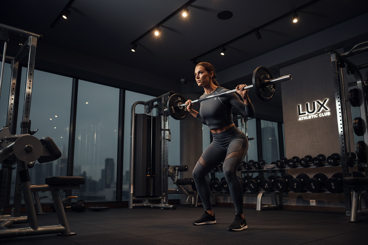 luxury fitness athlete in premium activewear at modern gym, dark background